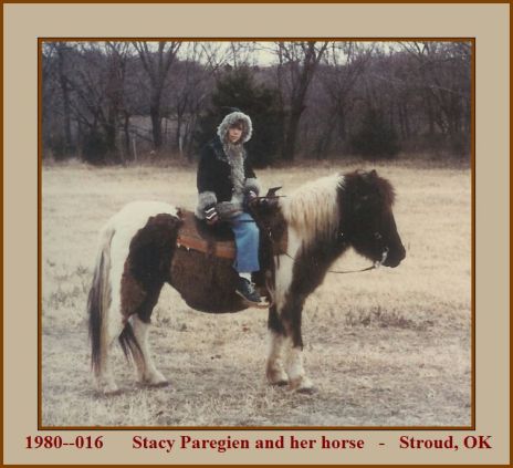 Stacy Paregien sitting on her pinto shetland pony, whose name I cannot recall. Winter of 1980, north of Stroud, Okla. Photo by Stan Paregien