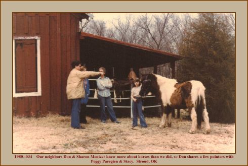 Don and Sharon Mentzer, our neighbors and very close friends, give Peggy Paregien and Stacy some pointers about her pinto shetland pony. Photo by Stan Paregien in the winter of 1980, north of Stroud, OK.