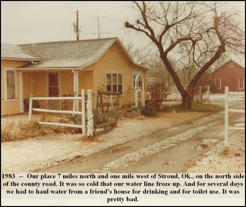 This was what Stan and Peggy Paregien's farm house north of Stroud, Okla.,  looked like in the winter of 1983. We wanted a very pale shade of yellow, but the paint job left it looking bright yellow. Oh well. Photo by Stan Paregien.