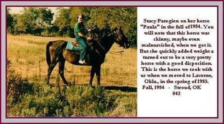 Stacy Paregien is show here on her new horse, Paula. It was pretty skinny-looking when we got it, but she filled-in nicely and was a very good horse. We even took Paula with us when in 1985 we had to move to Laverne, Oklahoma. We had no land so we boarded her, but that didn't work out well. So Stacy sold it and bought a lovely pomeranian dog which she named Bucky. Photo by Stan Paregien.