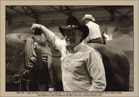 For several years in a row, actor and Oklahoma native Ben Johnson held a "Pro-Celebrity Roping Competition" at the Lazy E Arena in Guthrie, Okla. It was there I got to meet and interview and photograph both Ben Johnson and actor Doug McClure. Johnson, McClure and "The Virginian" star James Drury signed autographs at a Western wear store and I got photos of them there, as well. 
