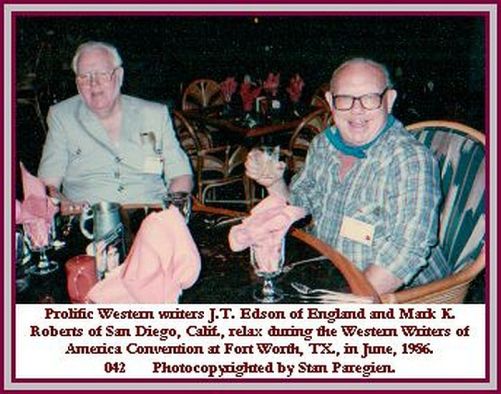 Prolific Western novelists J.T. Edson and Mark Roberts.  Photo by Stan Paregien at the 1986 convention in Fort Worth, Texas of the Western Writers of America.