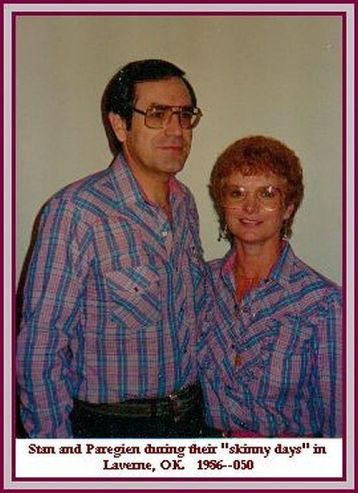 Stan and Peggy Paregien at Laverne, Oklahoma in 1986. These were one set of their special square dancing outfits. That dancing and some strict dieting got them down to about as slim as they were when they married. Photo probably by daughter Stacy Paregien, in 1986.